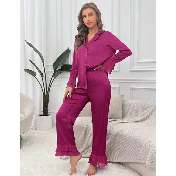 NWOT Hot Pink Ruffle Trim Satin PJ Set from Shein Sz M - Picture 3 of 6